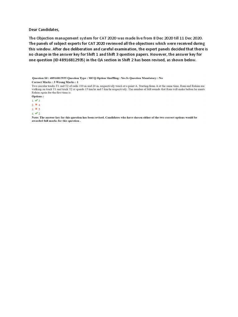 CAT 2020 Answer Key Update | PDF