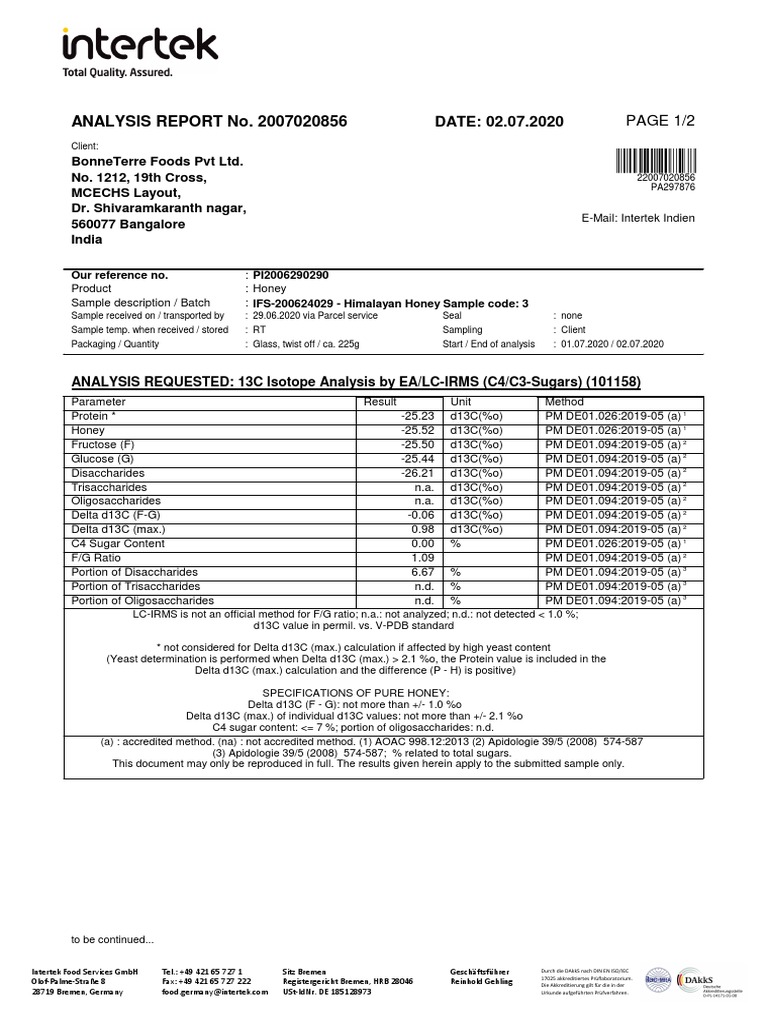 Honey & SpicE INTERTEK Test Report PDF Chemistry Nature