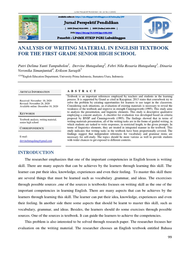 Analysis of Writing Material in English Textbook For The First Grade ...
