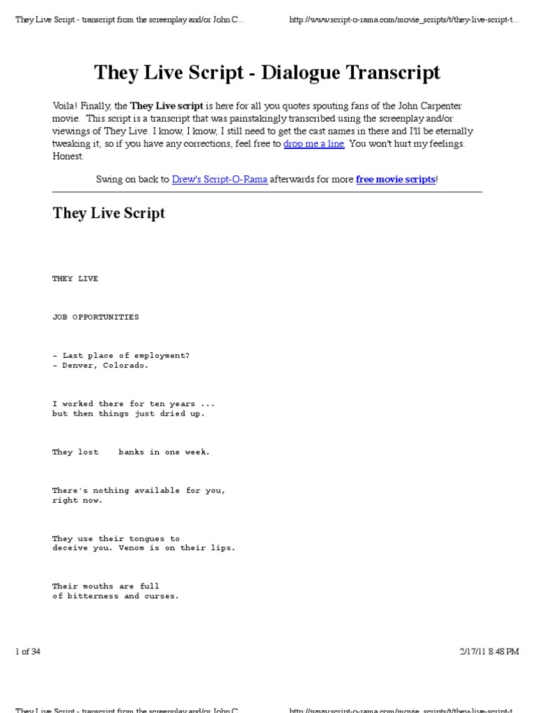 John Carpenter's They Live Script | PDF | Screenplay