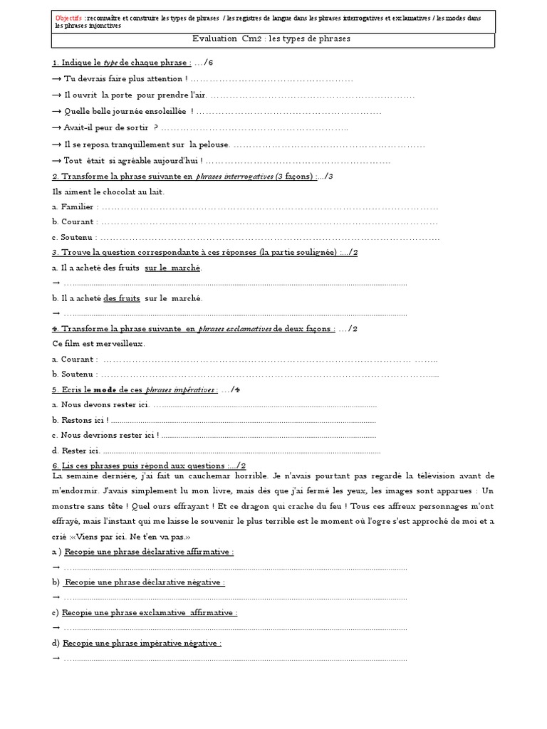 Exercice Les Types De Phrases Cm2 Evaluation Types de Phrases 1 PDF | PDF | Phrase | Mécanique du langage