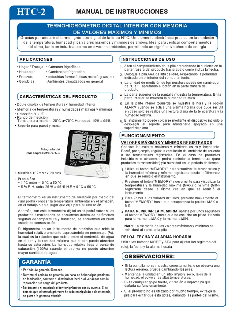 40 Manual Termohigrometro HTC-2 | PDF | Humedad relativa | Temperatura