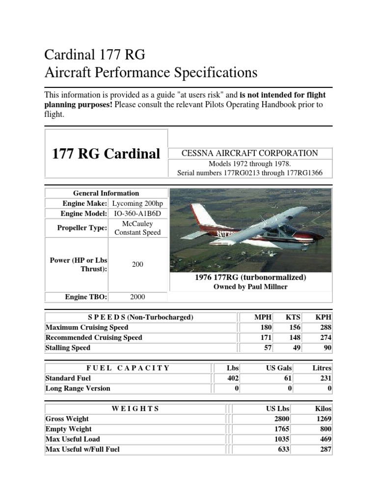 Cessna 177 RG Performance Specs | PDF | Takeoff | Aircraft