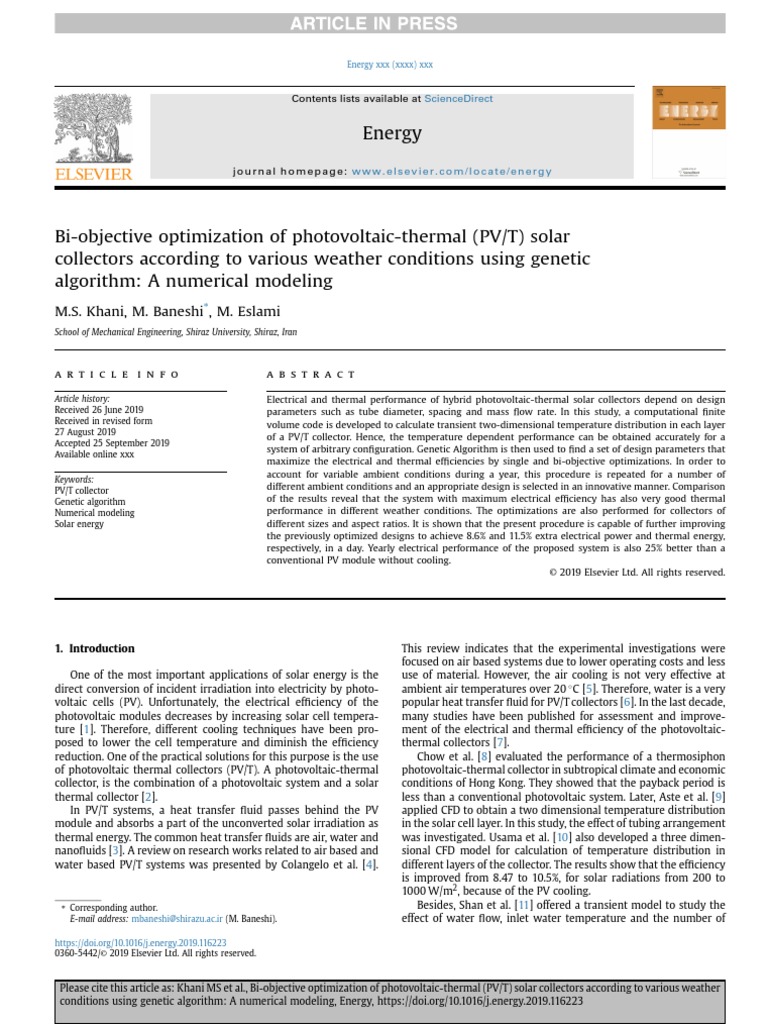 Bi-Objective Optimization of Photovoltaic-Thermal (PV+T) Solar | PDF ...