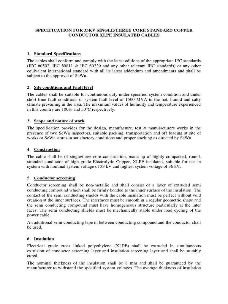 33kV XLPE Cable Specification Document | PDF | Insulator (Electricity ...