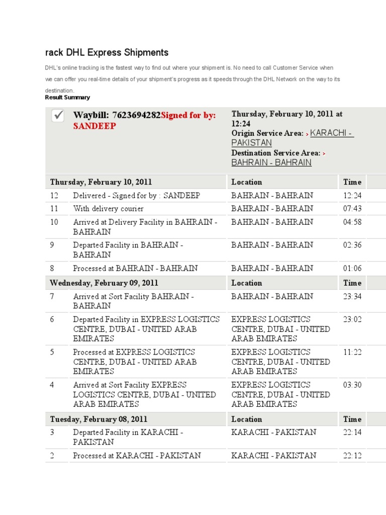 DHL Shipment Tracking: Karachi to Bahrain | PDF | Logistics | Postal System