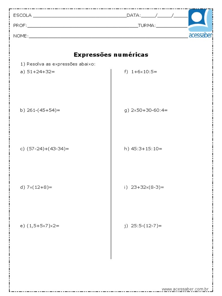 Atividades de Expressões Numéricas 6º Ano | PDF | Métodos e Materiais ...