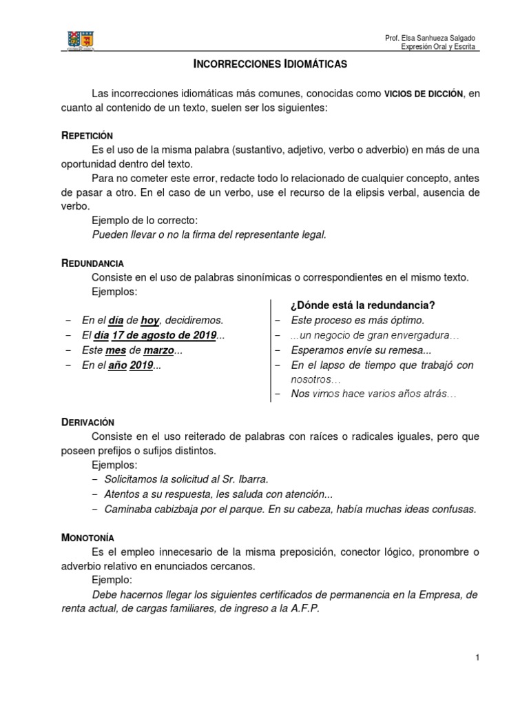 Errores Idiomáticos Comunes en Redacción | PDF | Verbo | Oración ...