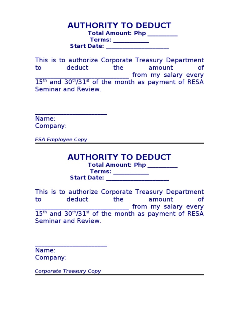 AUTHORITY TO DEDUCT