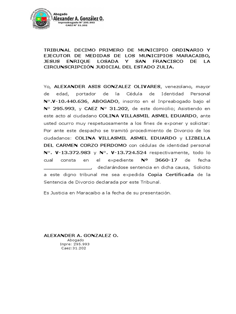 Escrito Solicitud Copia Certificada Sentencia Divorcio | PDF
