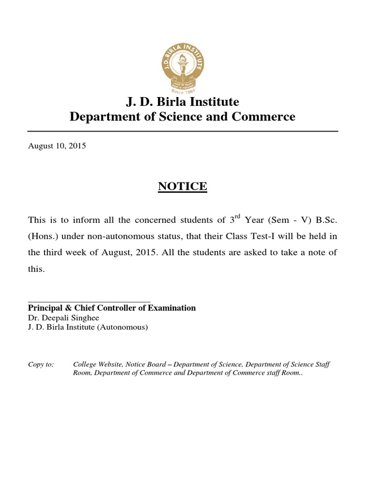 B.Sc. 3rd Year Class Test Notice 2015 | PDF