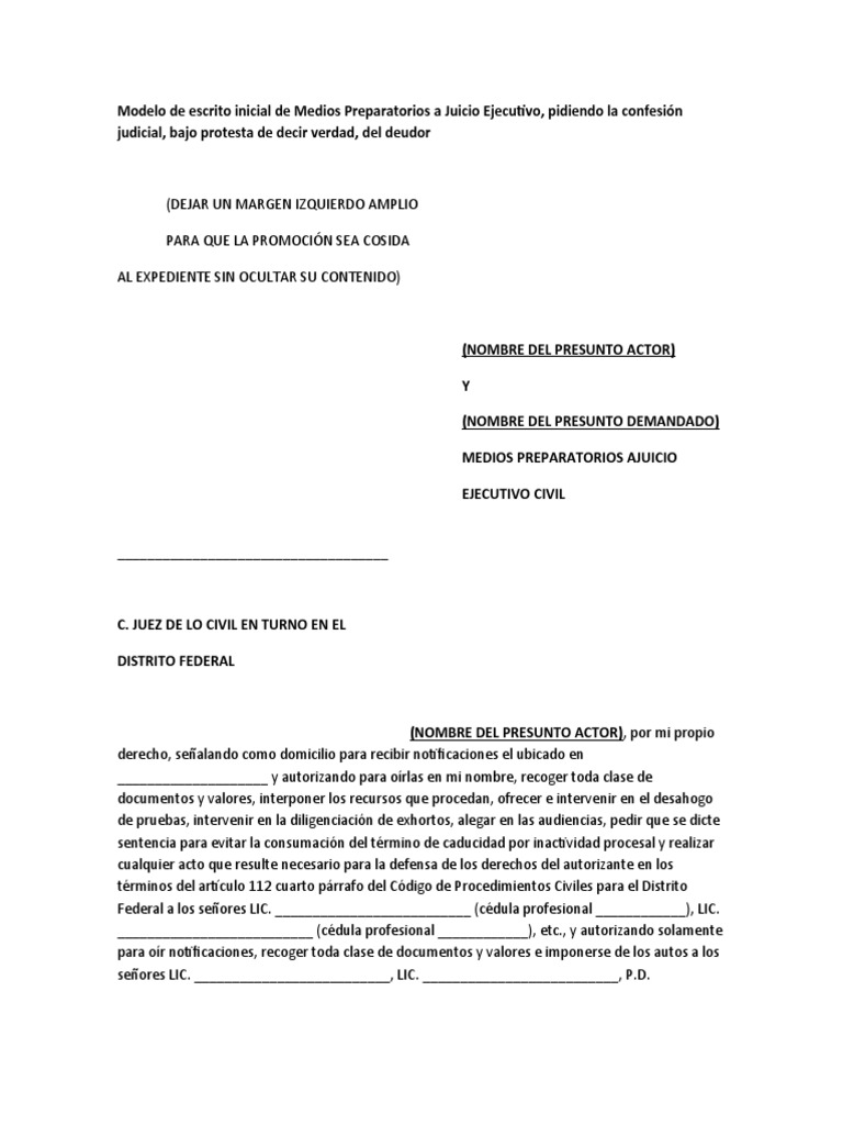 Modelo de Escrito Inicial de Medios Preparatorios A Juicio Ejecutivo | PDF  | Demanda judicial | Sentencia (ley)