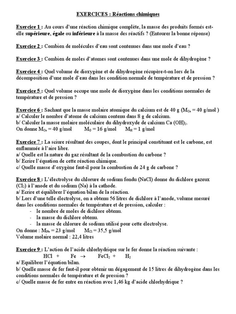 Exercices sur les Réactions Chimiques | PDF | Sodium | Atomes