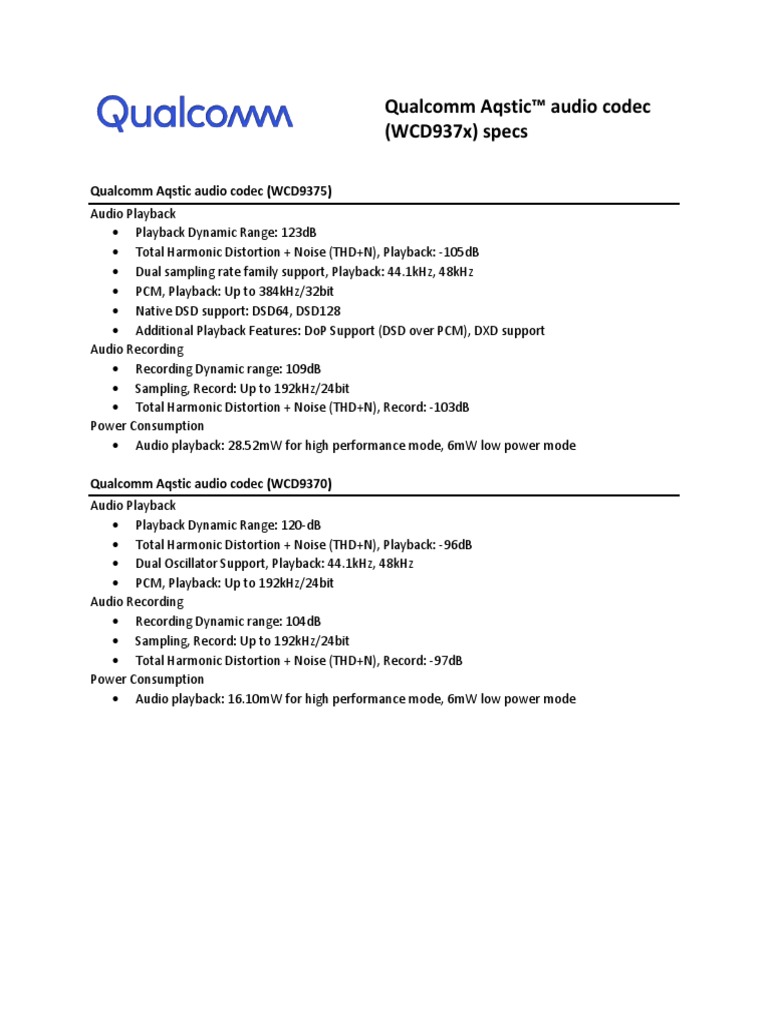 Qualcomm Aqstic wcd937x Specifications PDF | PDF