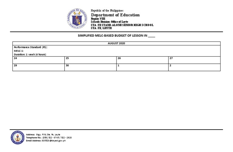 Department of Education: Simplified Melc-Based Budget of Lesson in | PDF