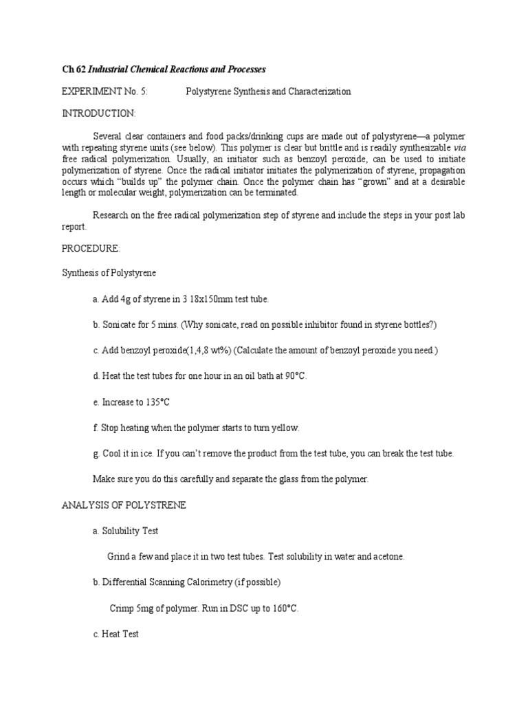 Polystyrene Synthesis and Analysis Guide | PDF | Technology & Engineering