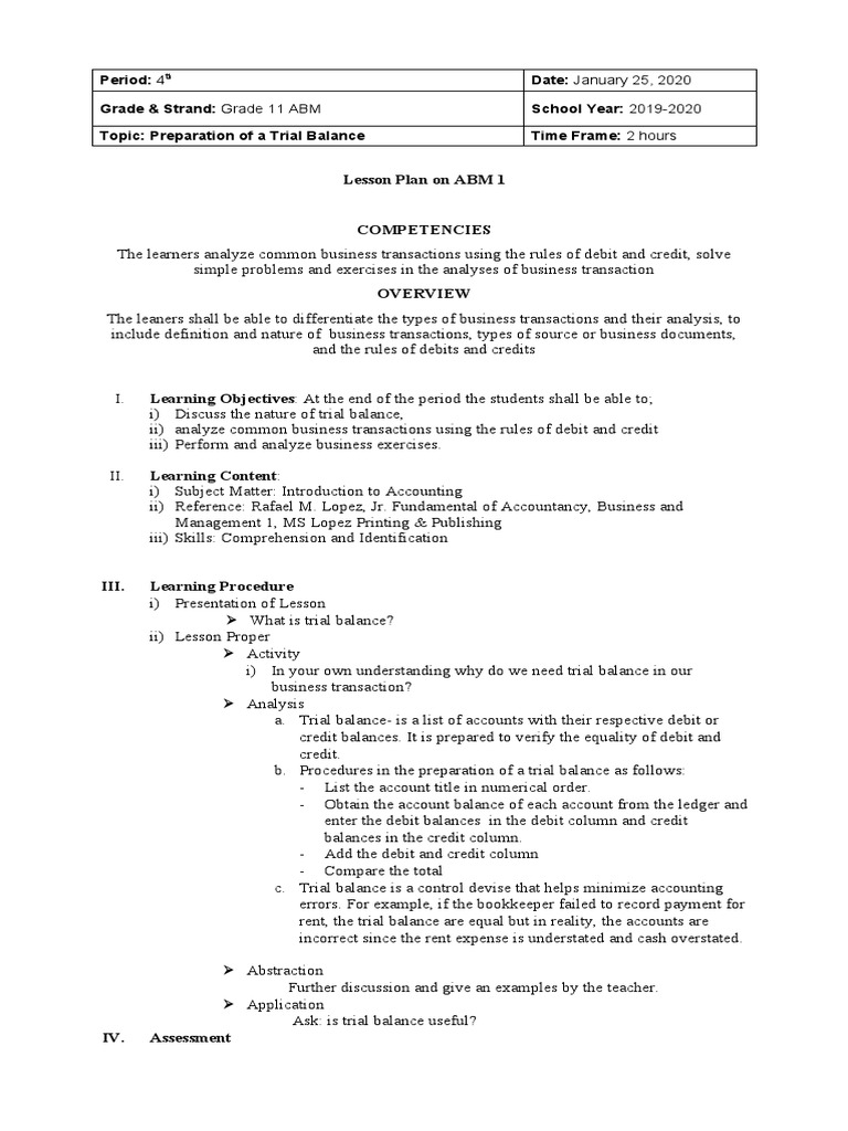 Lesson Plan Grade 11 ABM | PDF | Debits And Credits | Behavior Modification