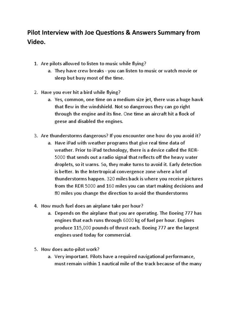 Pilot Interview With Joe Questions & Answers Summary From Video PDF