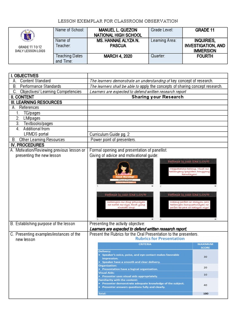 Lesson Exemplar for Classroom Observation | PDF | Educational ...