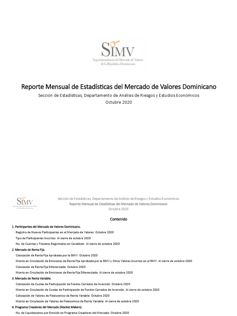 Estadísticas Mercado Valores RD Octubre 2020 | PDF | Bolsa de Valores ...