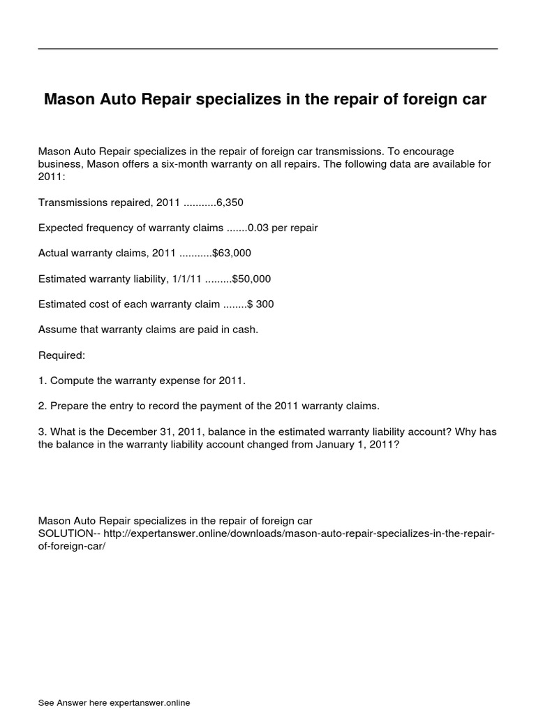 Mason Auto Repair Specializes in The Repair of Foreign Car PDF