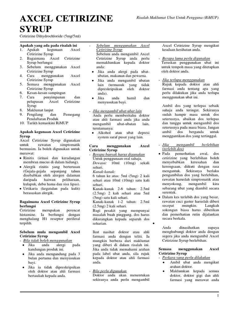 Axcel Cetirizine Syrup 5mg5ml (Cetirizine) Kotra Pharma (M) Sdn. Bhd