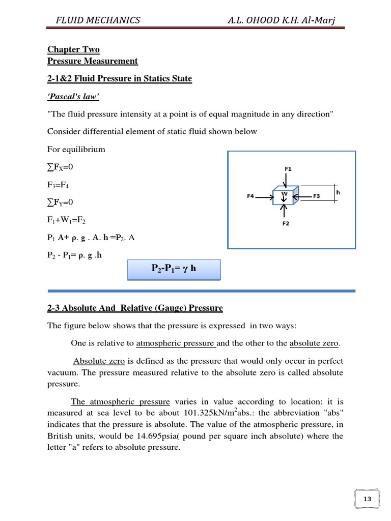 Fluid Mechanics A.L. Ohood K.H. Al-Marj | PDF | Pressure Measurement ...