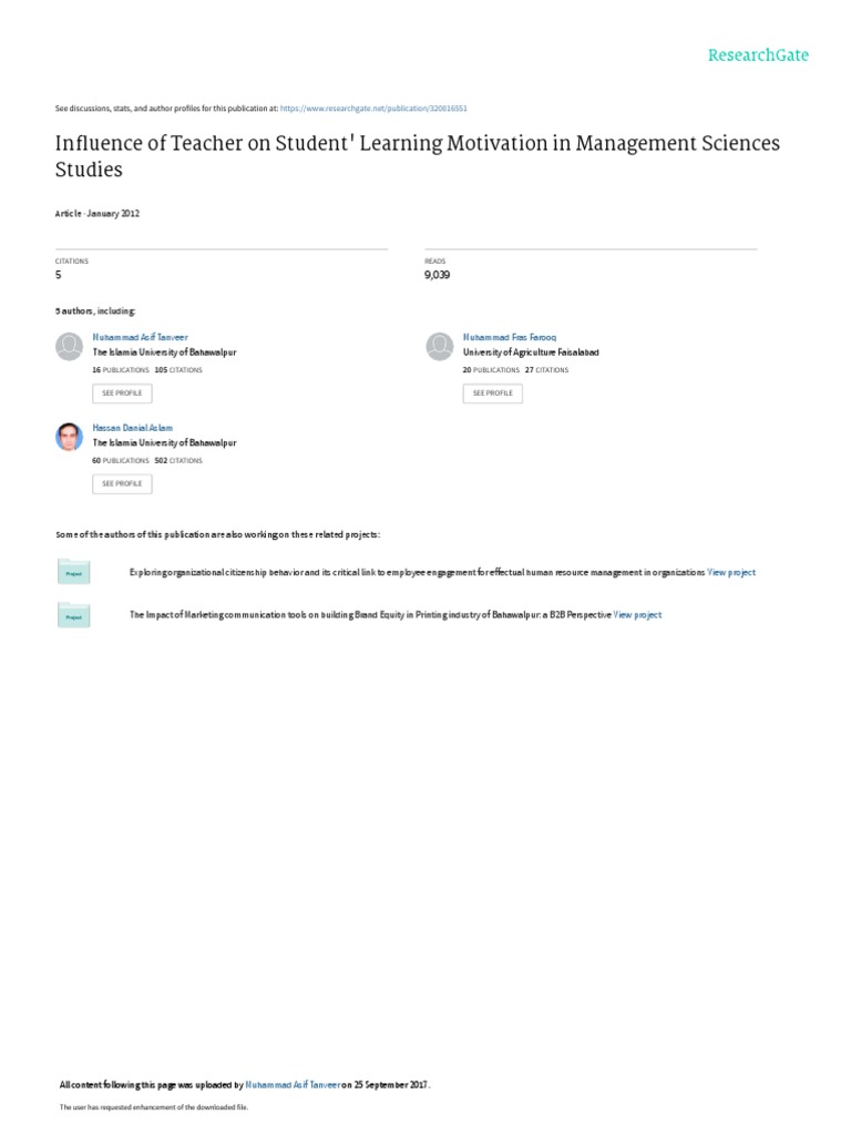 Influence of Teacher On Student' Learning Motivation in | PDF ...