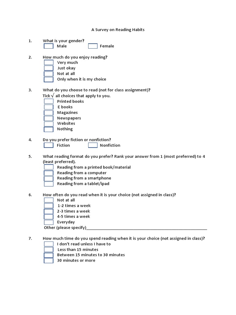 Reading Habits Survey for Students | PDF