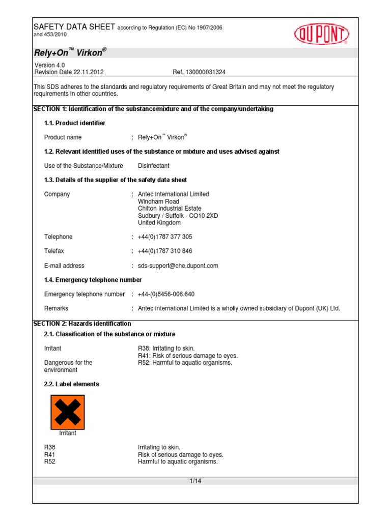 MSDS Rely+On Virkon | PDF | Packaging And Labeling | Dangerous Goods