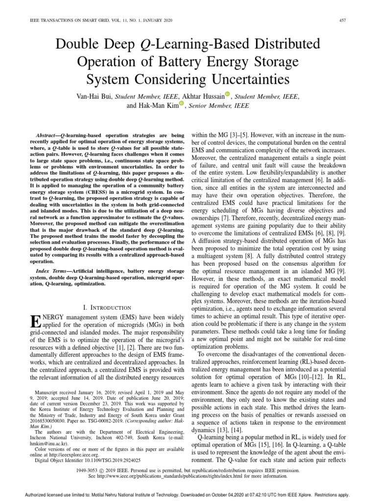 Double Deep Q-Learning-Based Distributed Operation of Battery Energy ...
