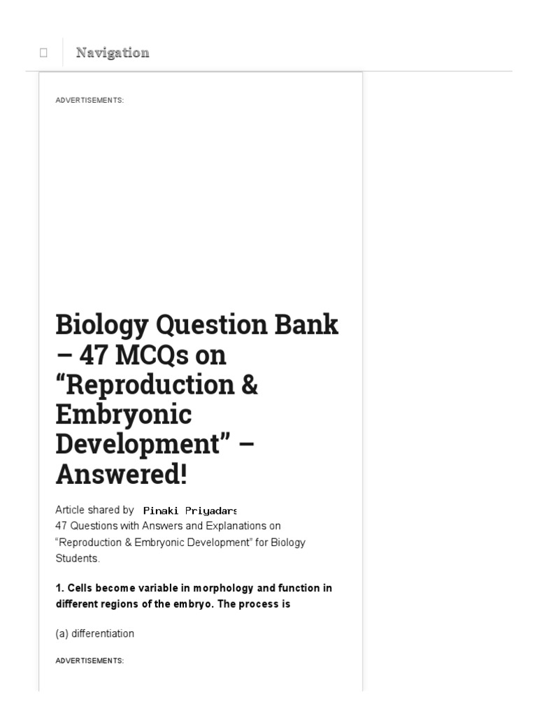 MCQs On "Human Reproduction & Embryonic Development". | PDF | Menstrual ...