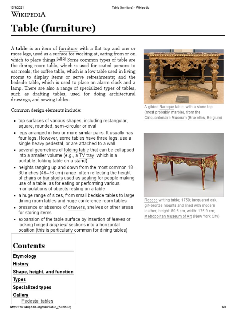 Table (Furniture) Etymology History Shape, Height, and Function Types
