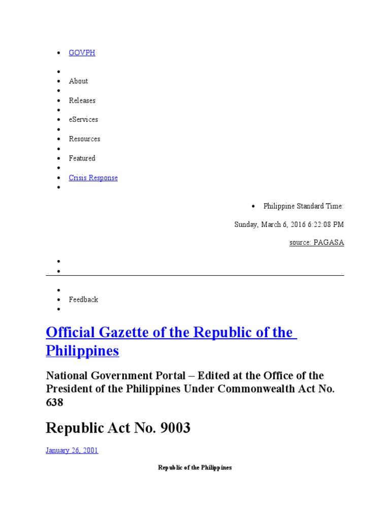 GOVPH Official Gazette Republic Act No. 9003 Ecological Solid Waste Management Act PDF