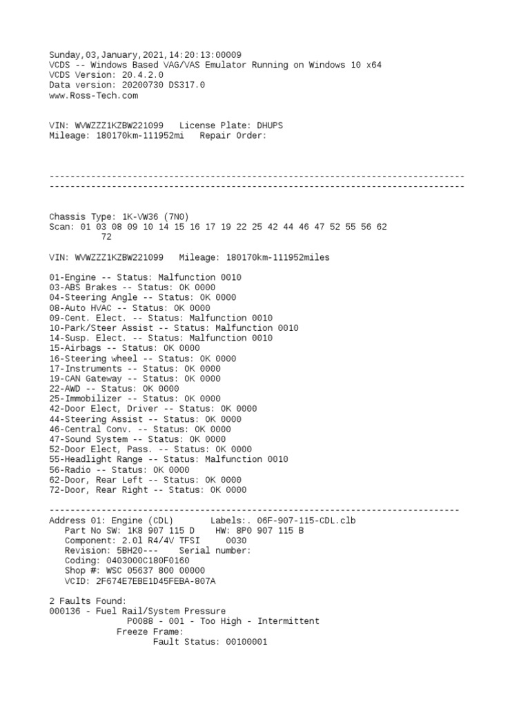 Audi/VW Diagnostic Fault Codes Summary | PDF | Vehicles | Motor Vehicle
