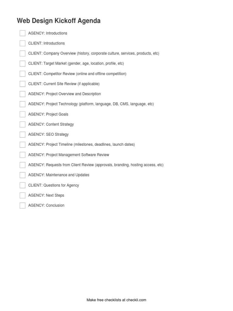 Website Design Checklist Kickoff Agenda | PDF | Computers