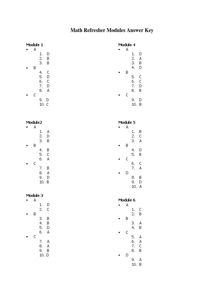 Math Refresher Modules Answer Key PDF | PDF
