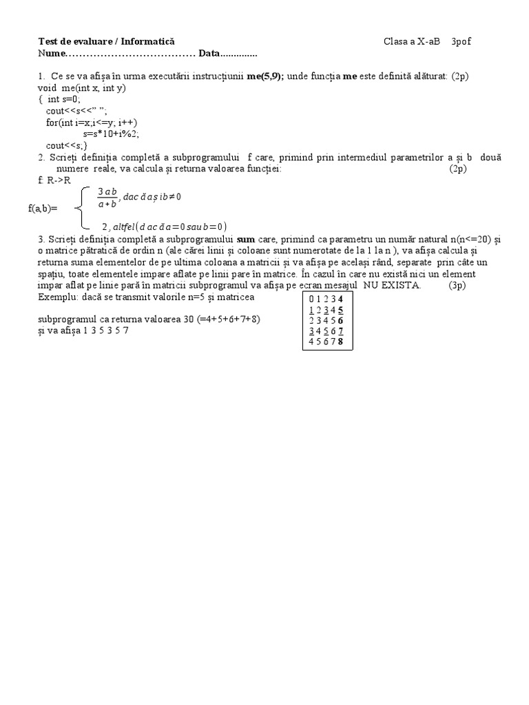 Lucrare Subprograme C++ | PDF