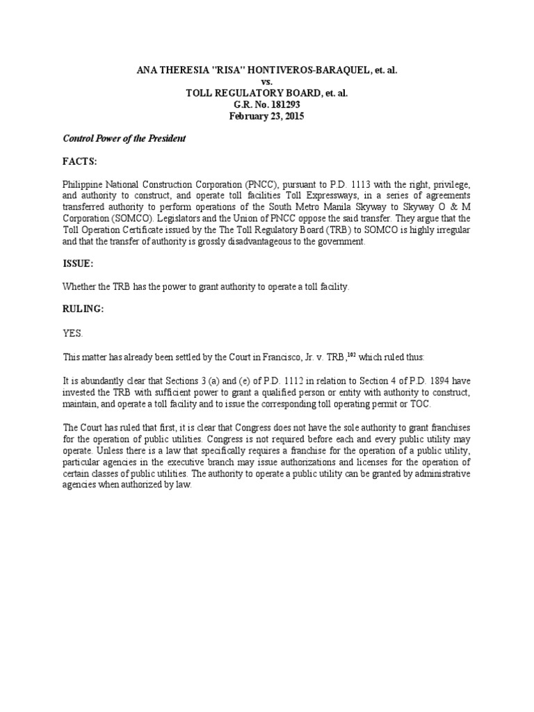 Hontiveros Vs Toll Regulatory Board Control Power Powers of The