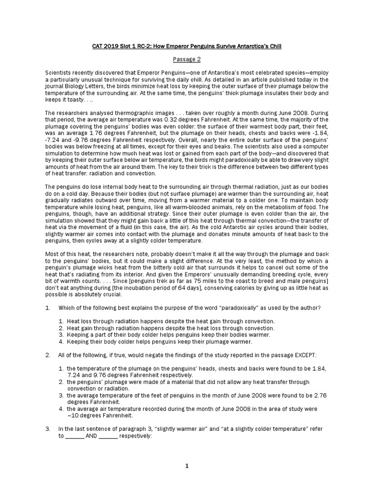 CAT 2019 Slot 1 RC 2 How Emperor Penguins Survive Antarctica's Chill