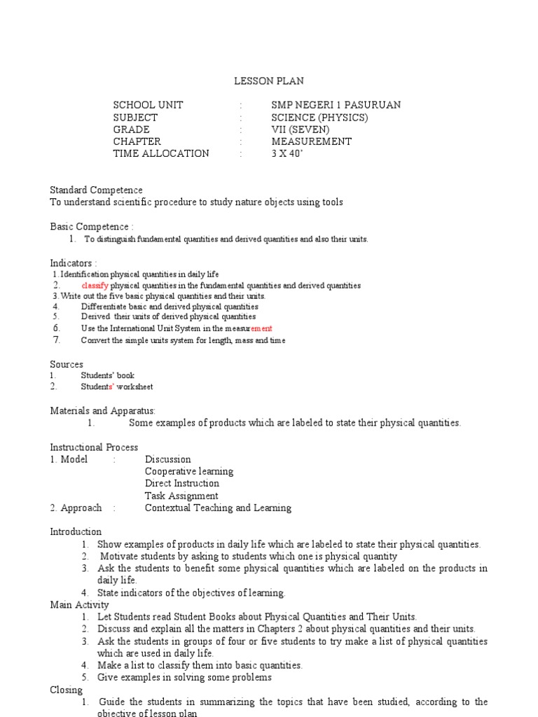 Lesson Plan Science Grade 7 | Lesson Plan | Homework