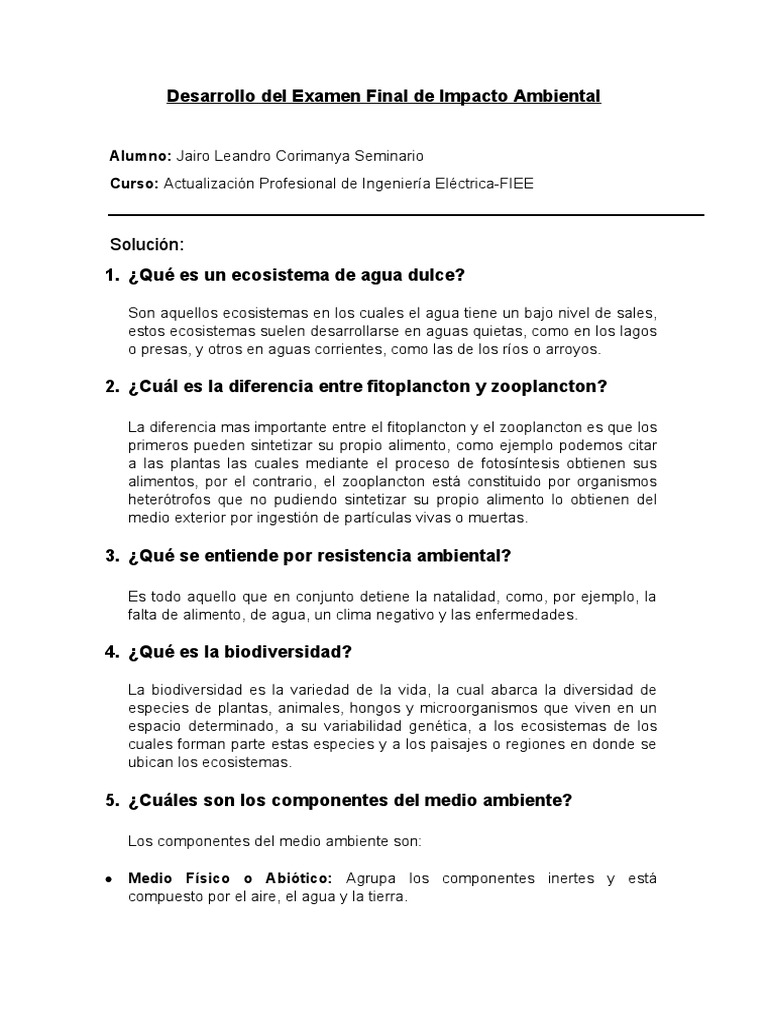 Desarrollo Del Examen Final de Impacto Ambiental | PDF | Ecosistema ...
