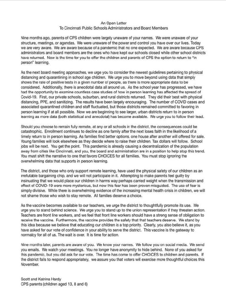 Open Letter To Cincinnati Public Schools Re: In-Person Learning | PDF