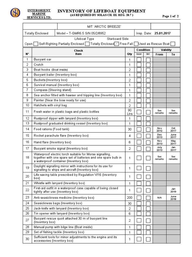 Inventory of Lifeboat Equipment: Interorient Marine Services Ltd. Page ...