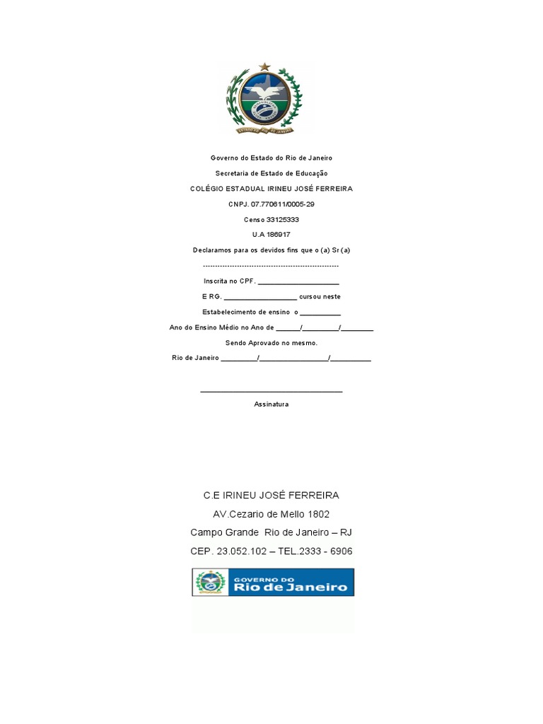 Declaração de conclusão do Ensino Médio emitida pelo Colégio Estadual ...