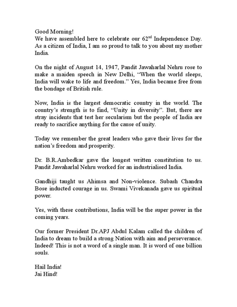 Independence Day Speech By Students Jawaharlal Nehru Politics Of India