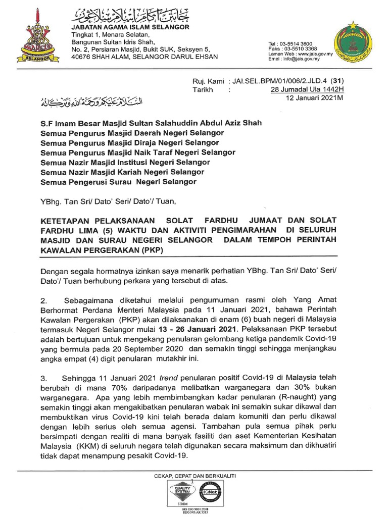 Surat Pelaksanaan Solat Fardhu Jumaat Dan Fardhu 5 Waktu Dalam Tempoh Pkp 13 1 2021 Pdf Pdf