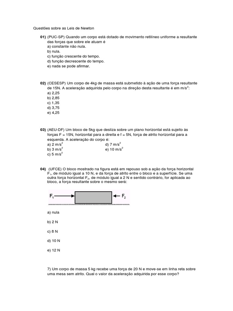 Questões sobre as Leis de Newton | PDF