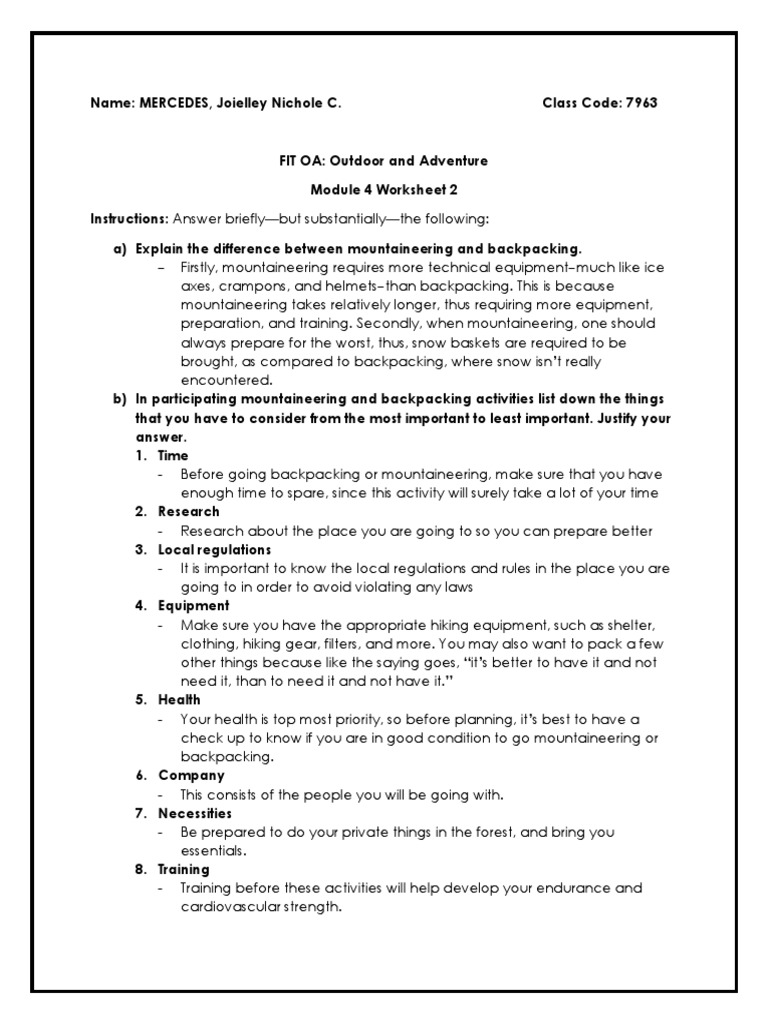 Outdoor Activity Comparison Worksheet | PDF | Mountaineering