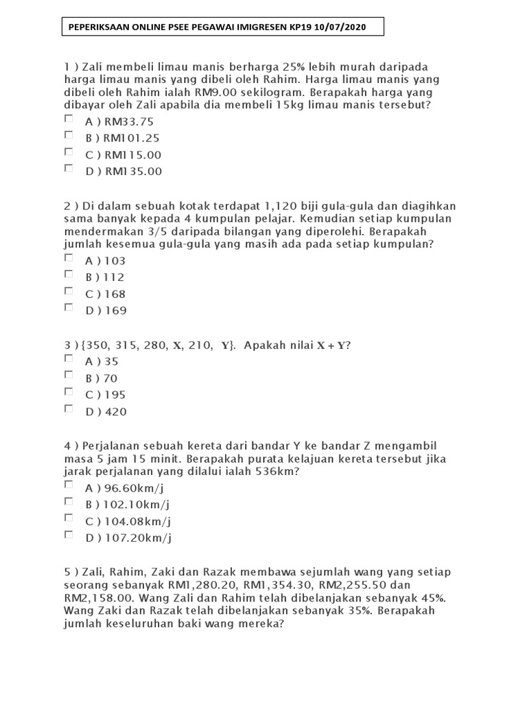 Peperiksaan Online Psee Pegawai Imigresen Kp19 10/07/2020 PDF